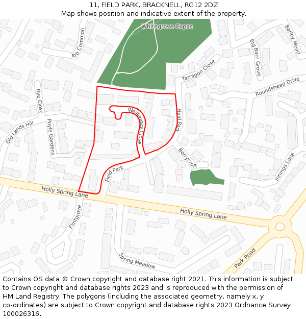 11, FIELD PARK, BRACKNELL, RG12 2DZ: Location map and indicative extent of plot