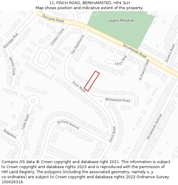 11, FINCH ROAD, BERKHAMSTED, HP4 3LH: Location map and indicative extent of plot