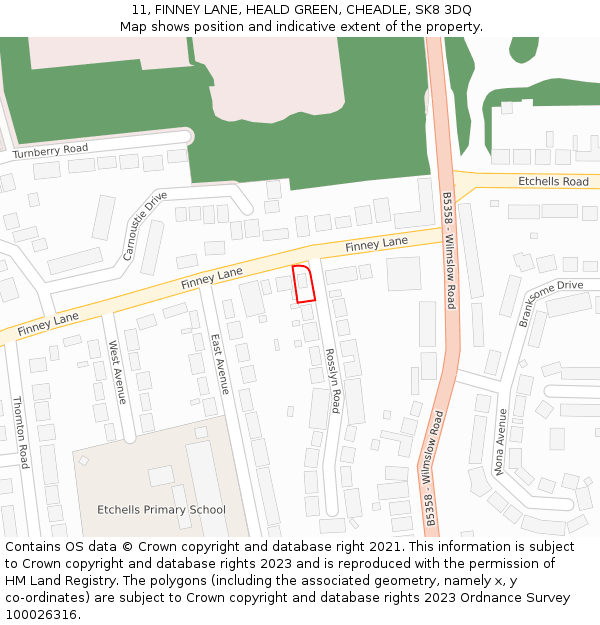 11, FINNEY LANE, HEALD GREEN, CHEADLE, SK8 3DQ: Location map and indicative extent of plot