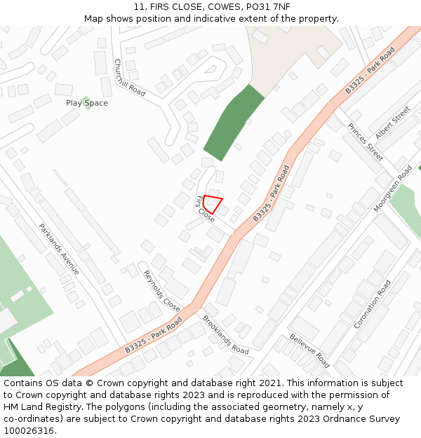 11, FIRS CLOSE, COWES, PO31 7NF: Location map and indicative extent of plot