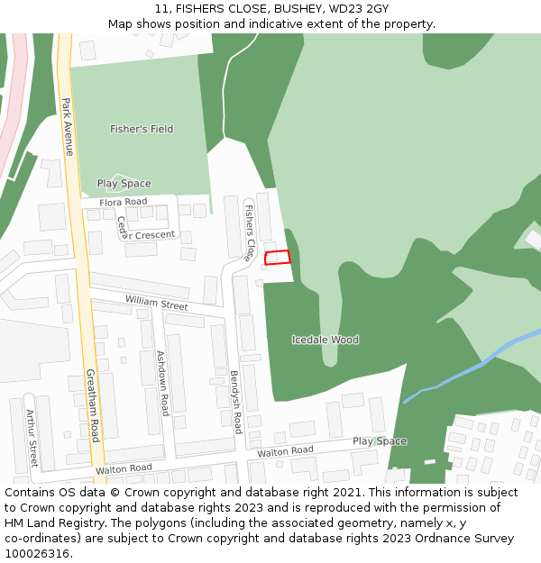 11, FISHERS CLOSE, BUSHEY, WD23 2GY: Location map and indicative extent of plot