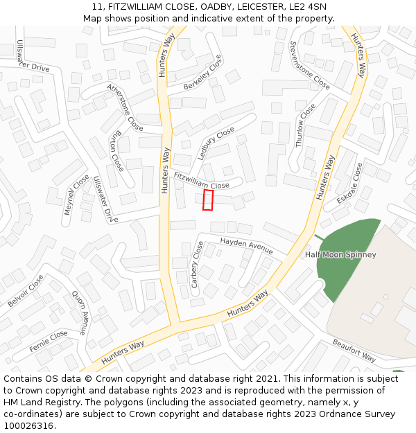 11, FITZWILLIAM CLOSE, OADBY, LEICESTER, LE2 4SN: Location map and indicative extent of plot