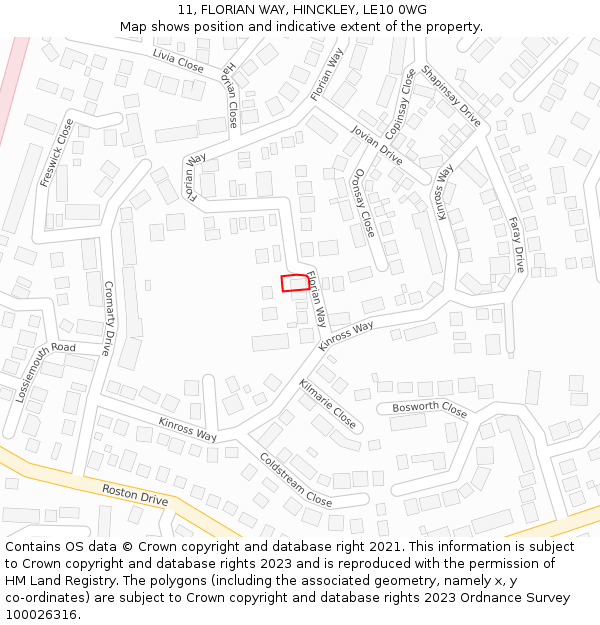 11, FLORIAN WAY, HINCKLEY, LE10 0WG: Location map and indicative extent of plot