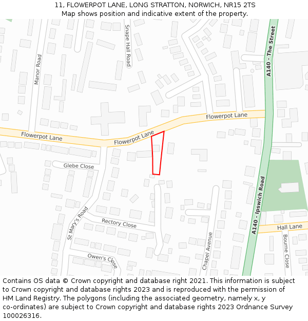 11, FLOWERPOT LANE, LONG STRATTON, NORWICH, NR15 2TS: Location map and indicative extent of plot