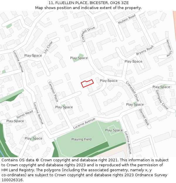 11, FLUELLEN PLACE, BICESTER, OX26 3ZE: Location map and indicative extent of plot