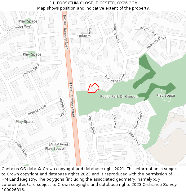 11, FORSYTHIA CLOSE, BICESTER, OX26 3GA: Location map and indicative extent of plot