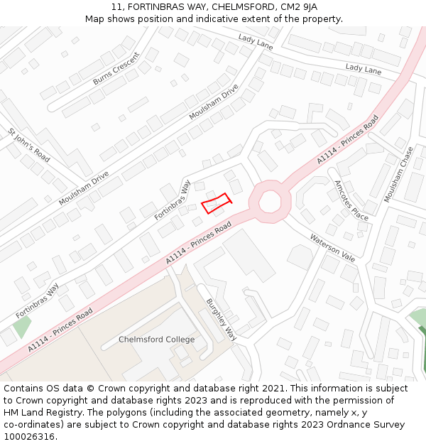 11, FORTINBRAS WAY, CHELMSFORD, CM2 9JA: Location map and indicative extent of plot