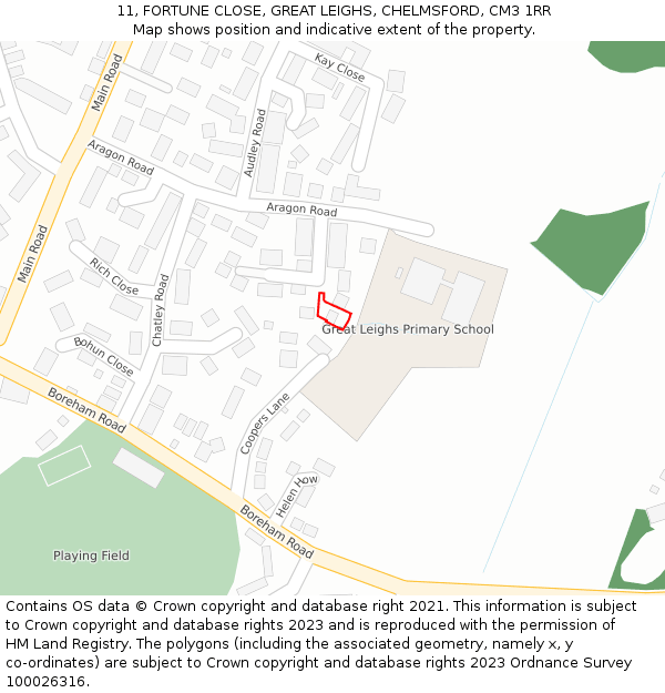 11, FORTUNE CLOSE, GREAT LEIGHS, CHELMSFORD, CM3 1RR: Location map and indicative extent of plot