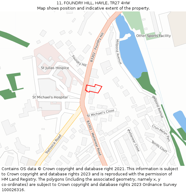 11, FOUNDRY HILL, HAYLE, TR27 4HW: Location map and indicative extent of plot