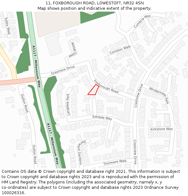 11, FOXBOROUGH ROAD, LOWESTOFT, NR32 4SN: Location map and indicative extent of plot