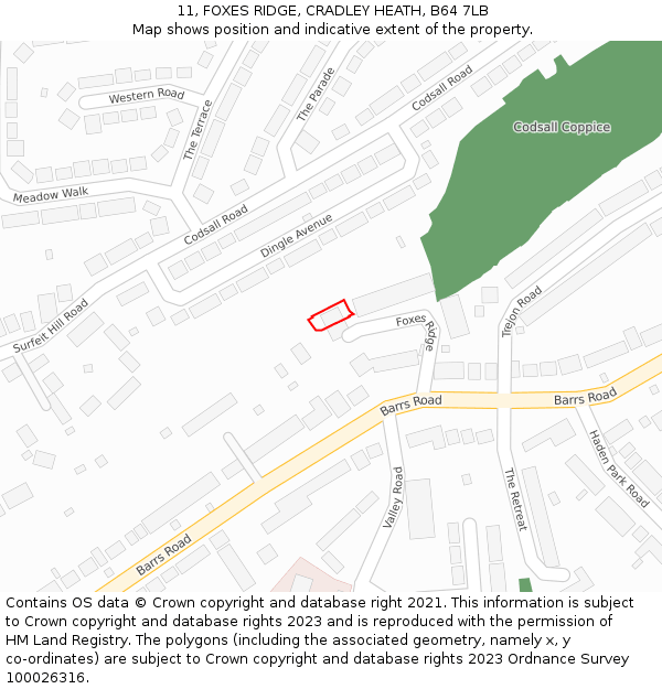 11, FOXES RIDGE, CRADLEY HEATH, B64 7LB: Location map and indicative extent of plot