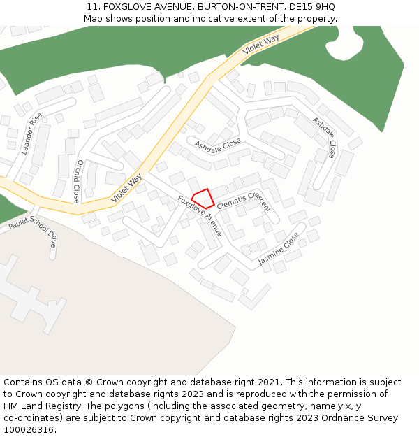 11, FOXGLOVE AVENUE, BURTON-ON-TRENT, DE15 9HQ: Location map and indicative extent of plot