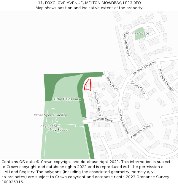 11, FOXGLOVE AVENUE, MELTON MOWBRAY, LE13 0FQ: Location map and indicative extent of plot