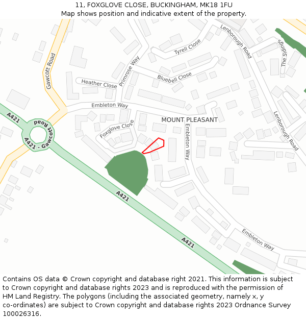 11, FOXGLOVE CLOSE, BUCKINGHAM, MK18 1FU: Location map and indicative extent of plot