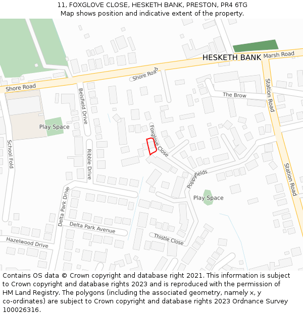 11, FOXGLOVE CLOSE, HESKETH BANK, PRESTON, PR4 6TG: Location map and indicative extent of plot