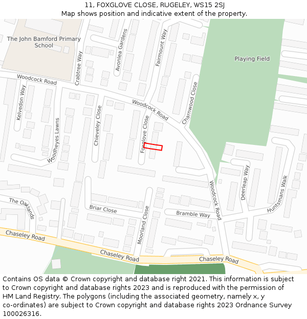 11, FOXGLOVE CLOSE, RUGELEY, WS15 2SJ: Location map and indicative extent of plot