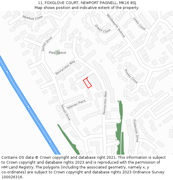 11, FOXGLOVE COURT, NEWPORT PAGNELL, MK16 8SJ: Location map and indicative extent of plot