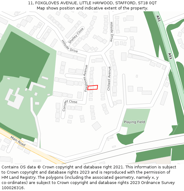 11, FOXGLOVES AVENUE, LITTLE HAYWOOD, STAFFORD, ST18 0QT: Location map and indicative extent of plot