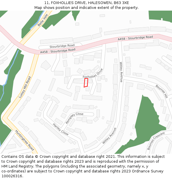11, FOXHOLLIES DRIVE, HALESOWEN, B63 3XE: Location map and indicative extent of plot
