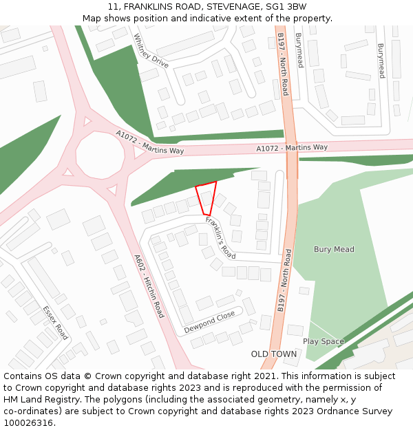 11, FRANKLINS ROAD, STEVENAGE, SG1 3BW: Location map and indicative extent of plot