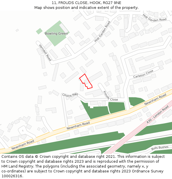 11, FROUDS CLOSE, HOOK, RG27 9NE: Location map and indicative extent of plot