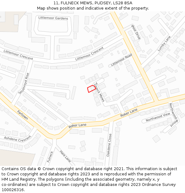 11, FULNECK MEWS, PUDSEY, LS28 8SA: Location map and indicative extent of plot