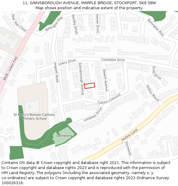 11, GAINSBOROUGH AVENUE, MARPLE BRIDGE, STOCKPORT, SK6 5BW: Location map and indicative extent of plot