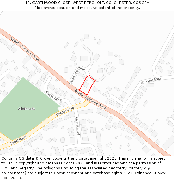 11, GARTHWOOD CLOSE, WEST BERGHOLT, COLCHESTER, CO6 3EA: Location map and indicative extent of plot