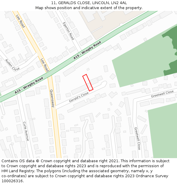 11, GERALDS CLOSE, LINCOLN, LN2 4AL: Location map and indicative extent of plot