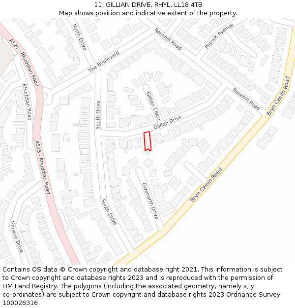 11, GILLIAN DRIVE, RHYL, LL18 4TB: Location map and indicative extent of plot