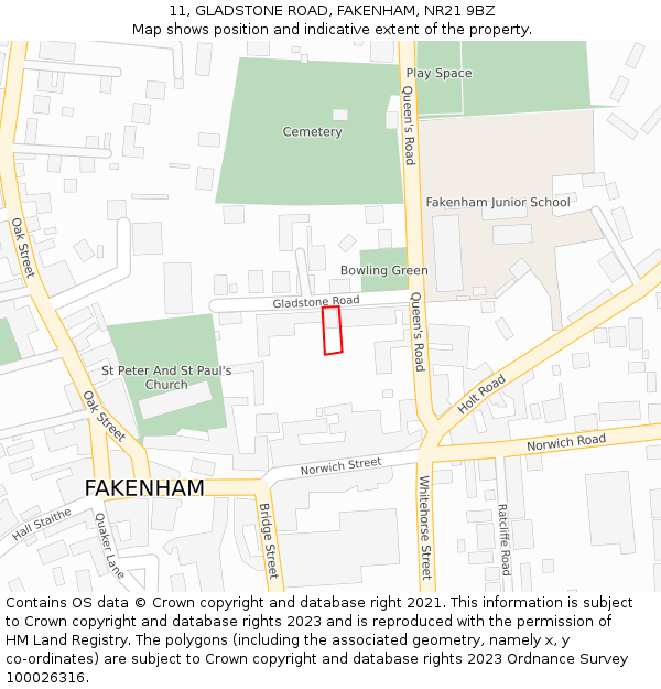 11, GLADSTONE ROAD, FAKENHAM, NR21 9BZ: Location map and indicative extent of plot
