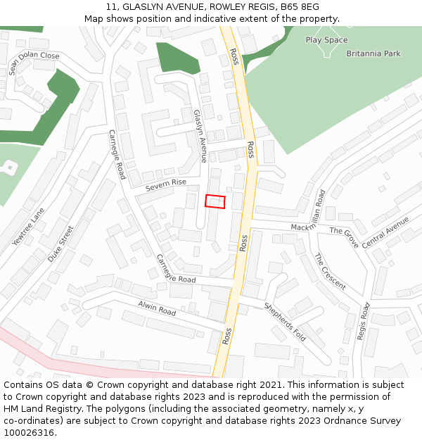 11, GLASLYN AVENUE, ROWLEY REGIS, B65 8EG: Location map and indicative extent of plot