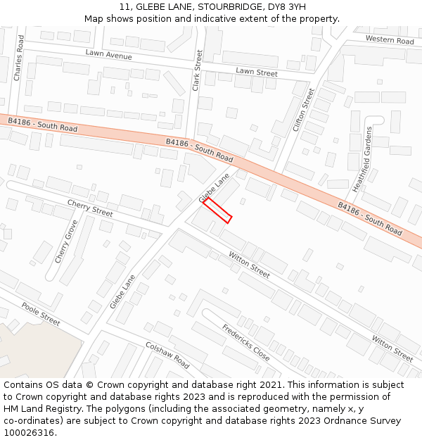 11, GLEBE LANE, STOURBRIDGE, DY8 3YH: Location map and indicative extent of plot