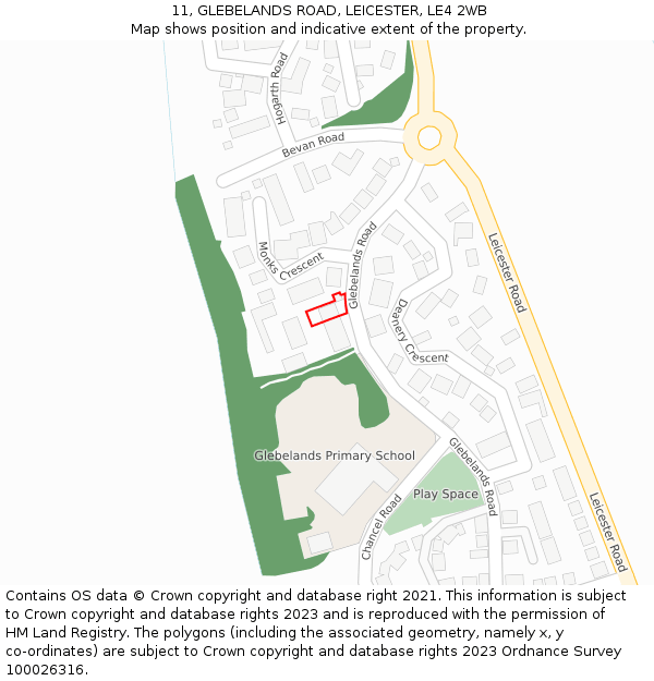 11, GLEBELANDS ROAD, LEICESTER, LE4 2WB: Location map and indicative extent of plot