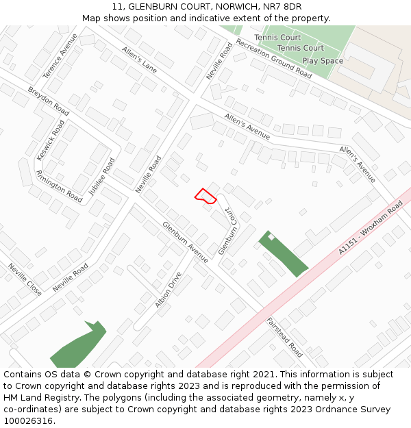 11, GLENBURN COURT, NORWICH, NR7 8DR: Location map and indicative extent of plot