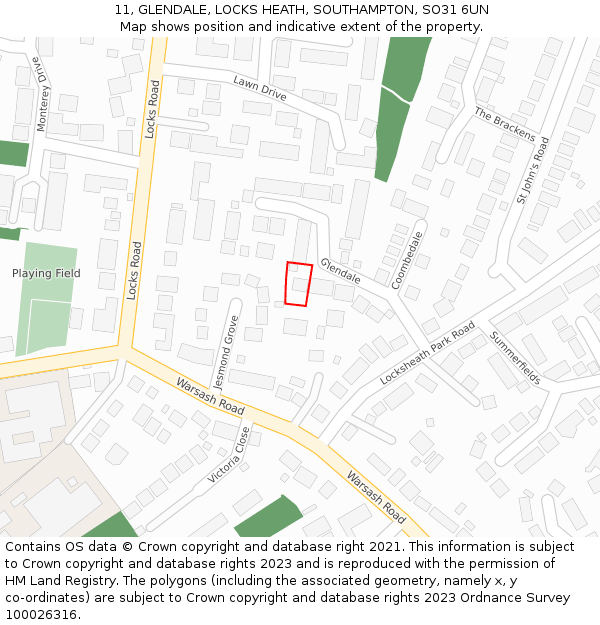 11, GLENDALE, LOCKS HEATH, SOUTHAMPTON, SO31 6UN: Location map and indicative extent of plot