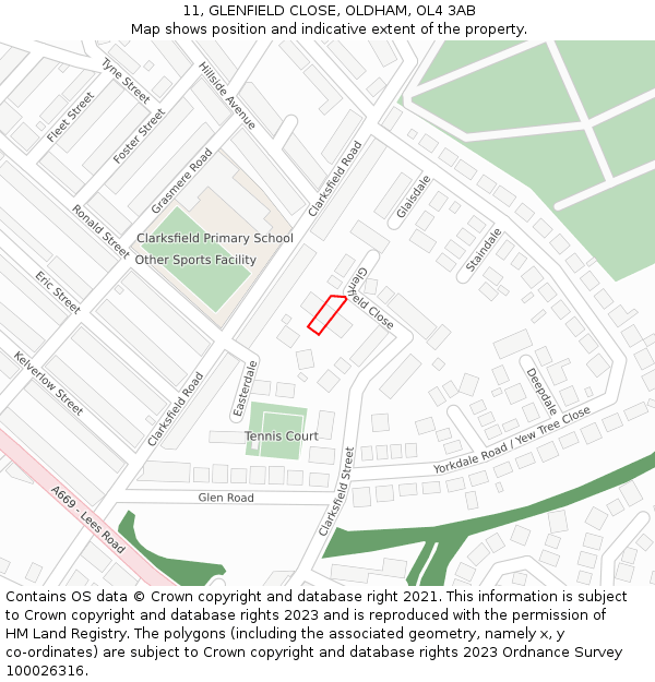 11, GLENFIELD CLOSE, OLDHAM, OL4 3AB: Location map and indicative extent of plot