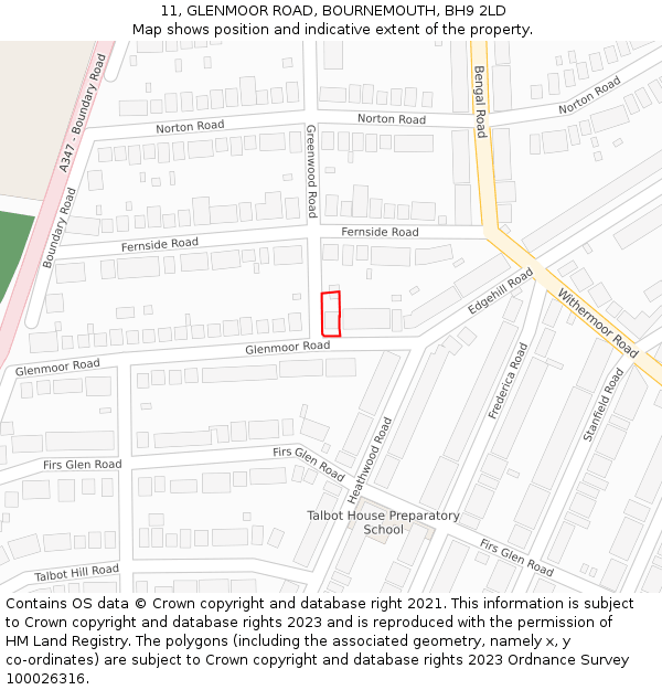 11, GLENMOOR ROAD, BOURNEMOUTH, BH9 2LD: Location map and indicative extent of plot