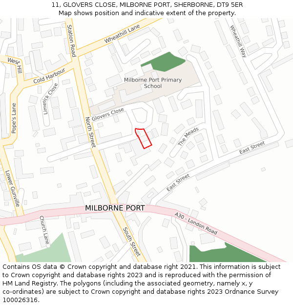 11, GLOVERS CLOSE, MILBORNE PORT, SHERBORNE, DT9 5ER: Location map and indicative extent of plot