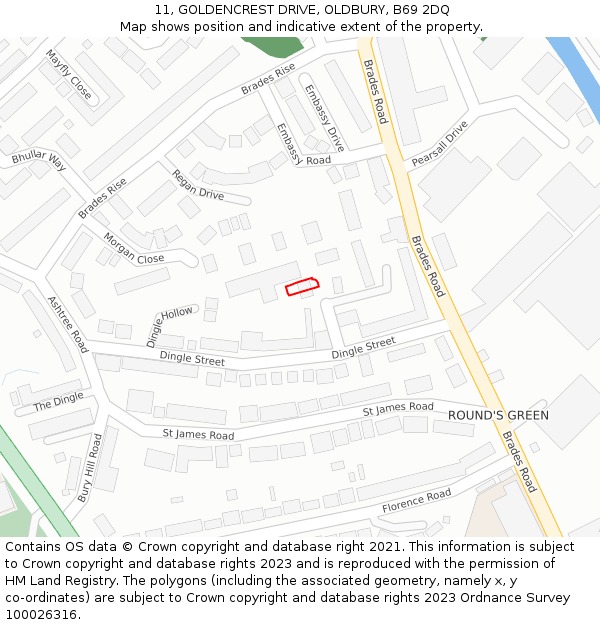 11, GOLDENCREST DRIVE, OLDBURY, B69 2DQ: Location map and indicative extent of plot