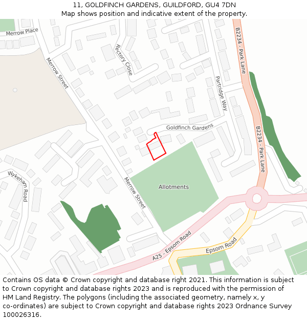 11, GOLDFINCH GARDENS, GUILDFORD, GU4 7DN: Location map and indicative extent of plot