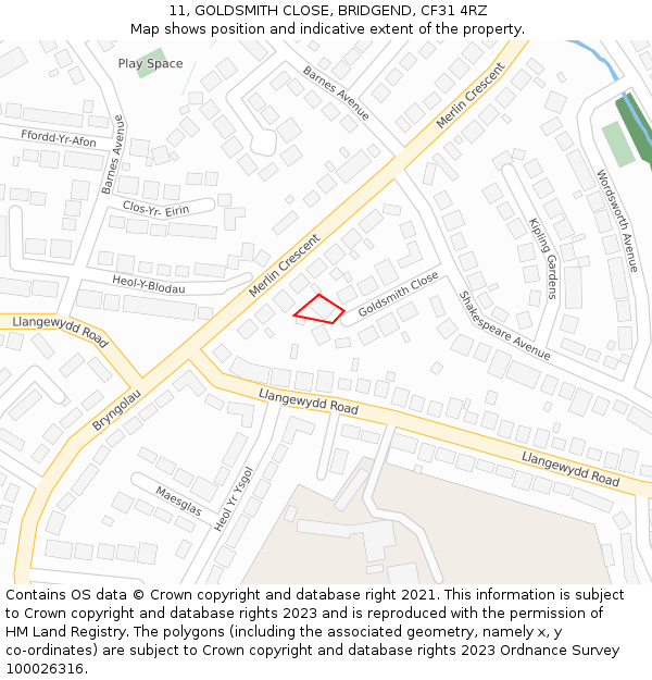 11, GOLDSMITH CLOSE, BRIDGEND, CF31 4RZ: Location map and indicative extent of plot