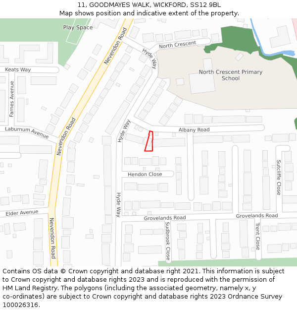 11, GOODMAYES WALK, WICKFORD, SS12 9BL: Location map and indicative extent of plot