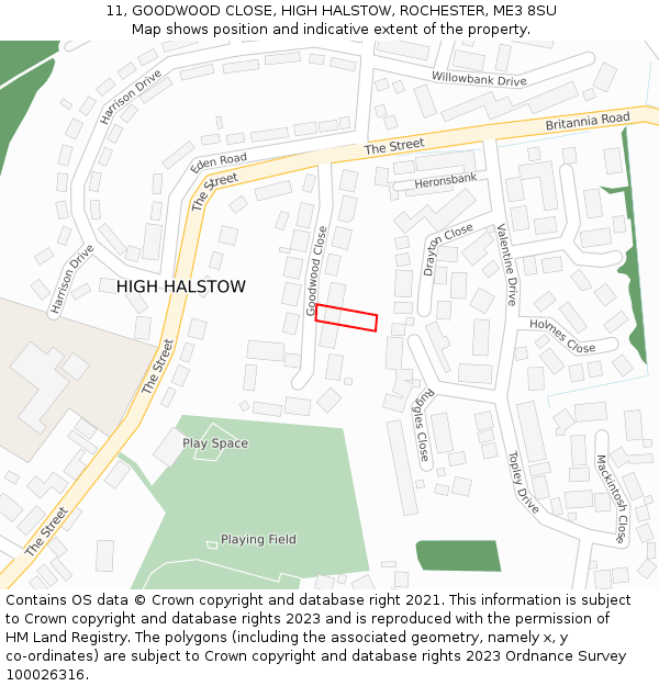 11, GOODWOOD CLOSE, HIGH HALSTOW, ROCHESTER, ME3 8SU: Location map and indicative extent of plot