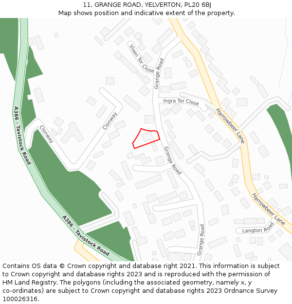 11, GRANGE ROAD, YELVERTON, PL20 6BJ: Location map and indicative extent of plot