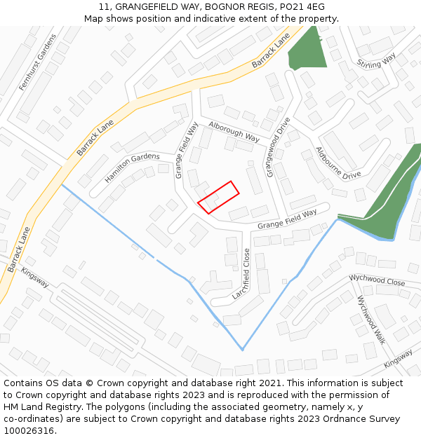 11, GRANGEFIELD WAY, BOGNOR REGIS, PO21 4EG: Location map and indicative extent of plot