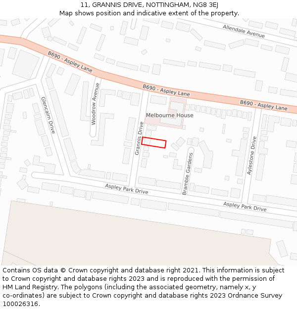 11, GRANNIS DRIVE, NOTTINGHAM, NG8 3EJ: Location map and indicative extent of plot