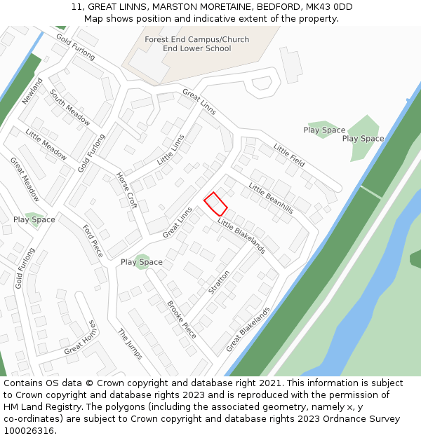 11, GREAT LINNS, MARSTON MORETAINE, BEDFORD, MK43 0DD: Location map and indicative extent of plot