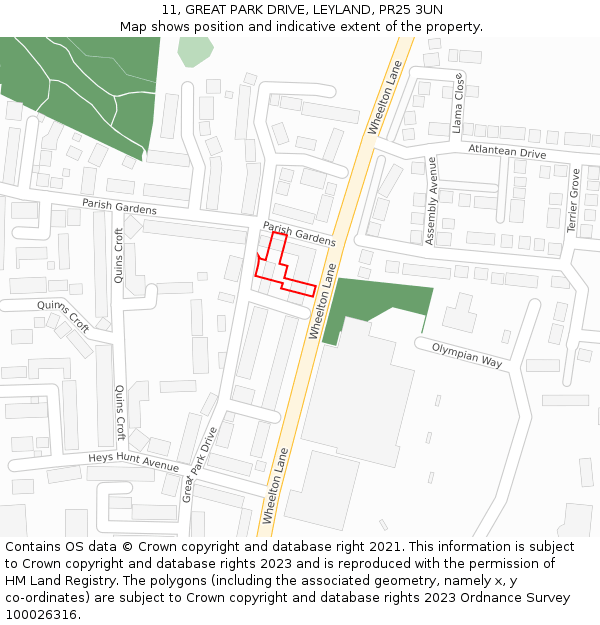 11, GREAT PARK DRIVE, LEYLAND, PR25 3UN: Location map and indicative extent of plot