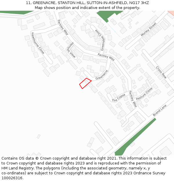 11, GREENACRE, STANTON HILL, SUTTON-IN-ASHFIELD, NG17 3HZ: Location map and indicative extent of plot